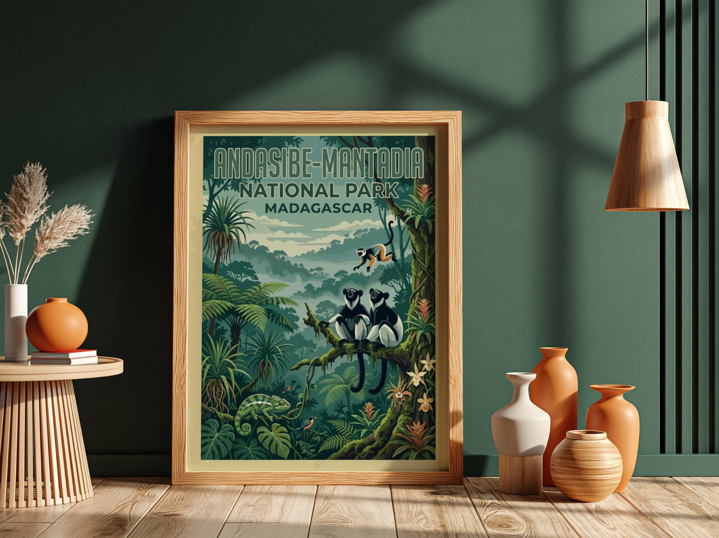 Andasibe-Mantadia poster featuring tropical jungle wildlife in vibrant colors, perfect for nature lovers and