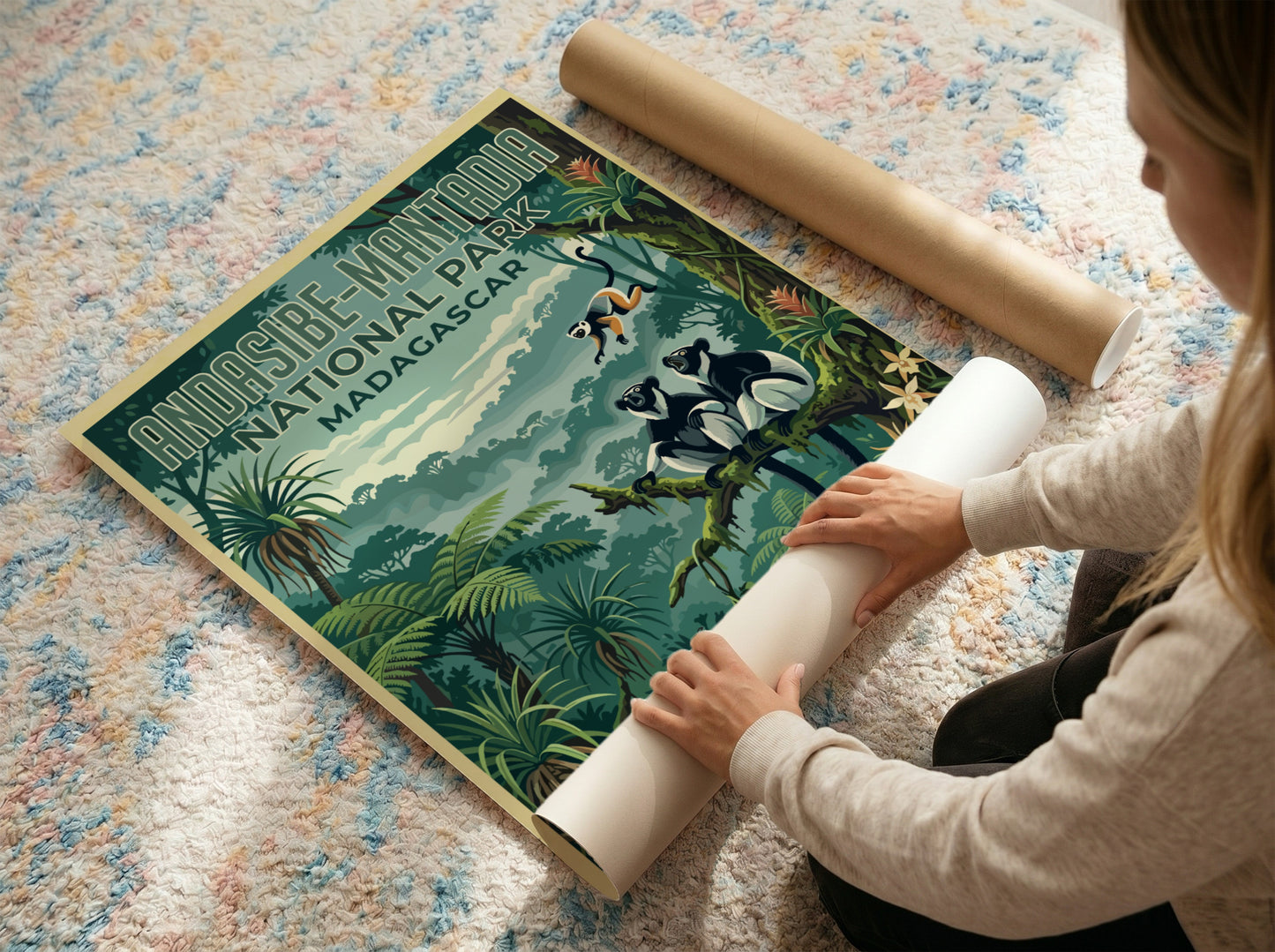 Andasibe-Mantadia poster featuring tropical jungle wildlife in vibrant colors, perfect for nature lovers and