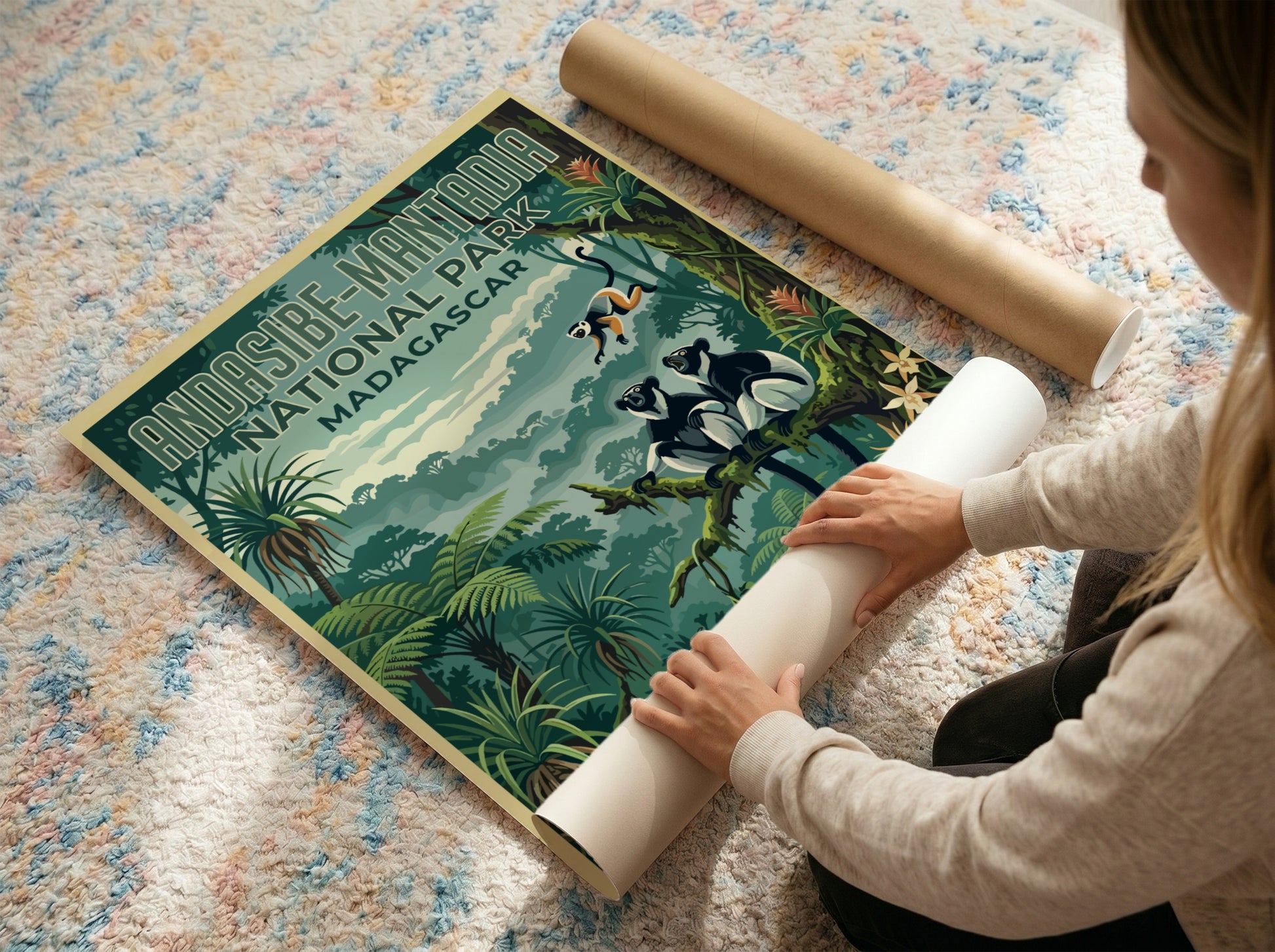 Andasibe-Mantadia poster featuring tropical jungle wildlife in vibrant colors, perfect for nature lovers and
