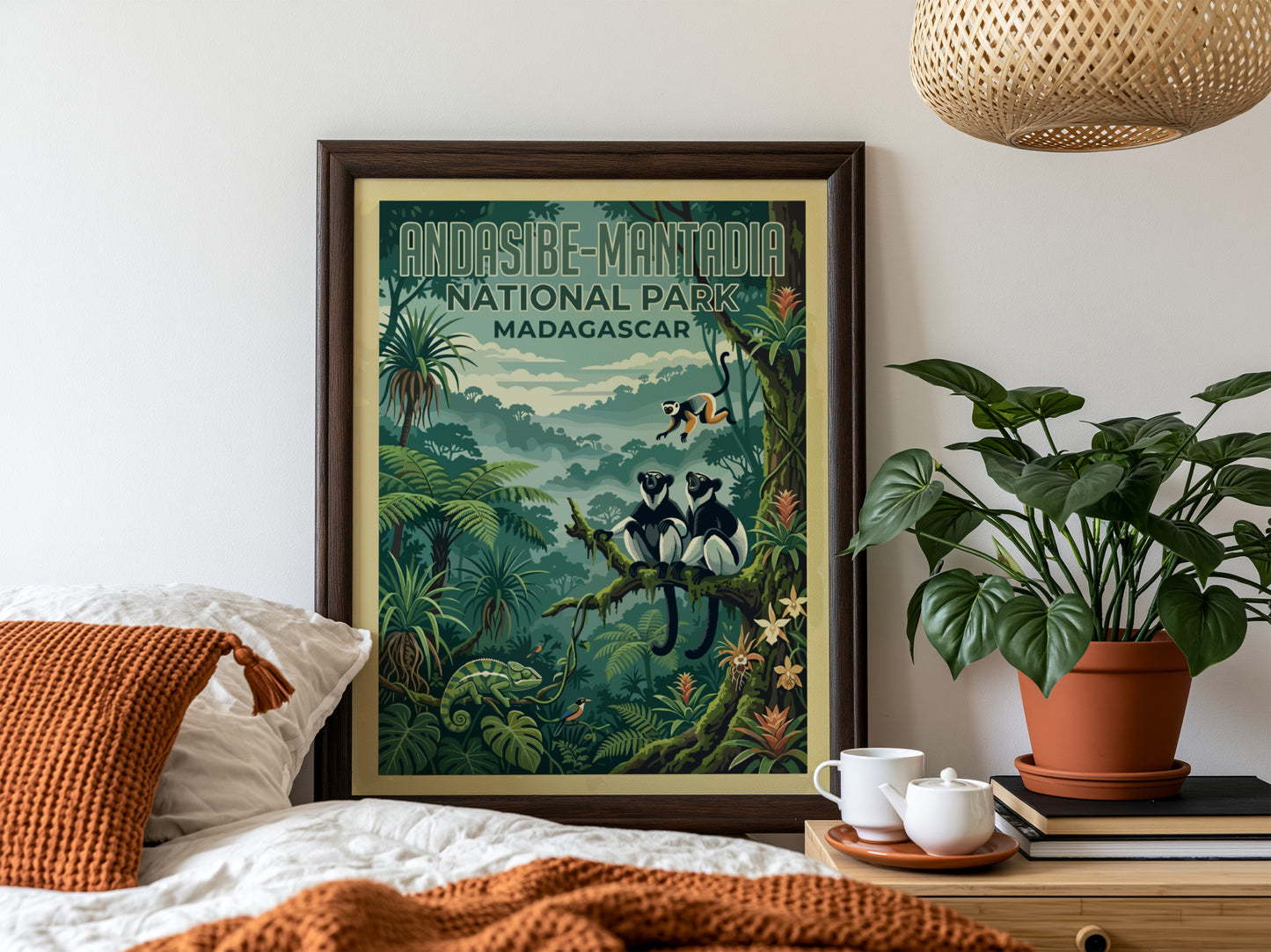 Andasibe-Mantadia poster featuring tropical jungle wildlife in vibrant colors, perfect for nature lovers and