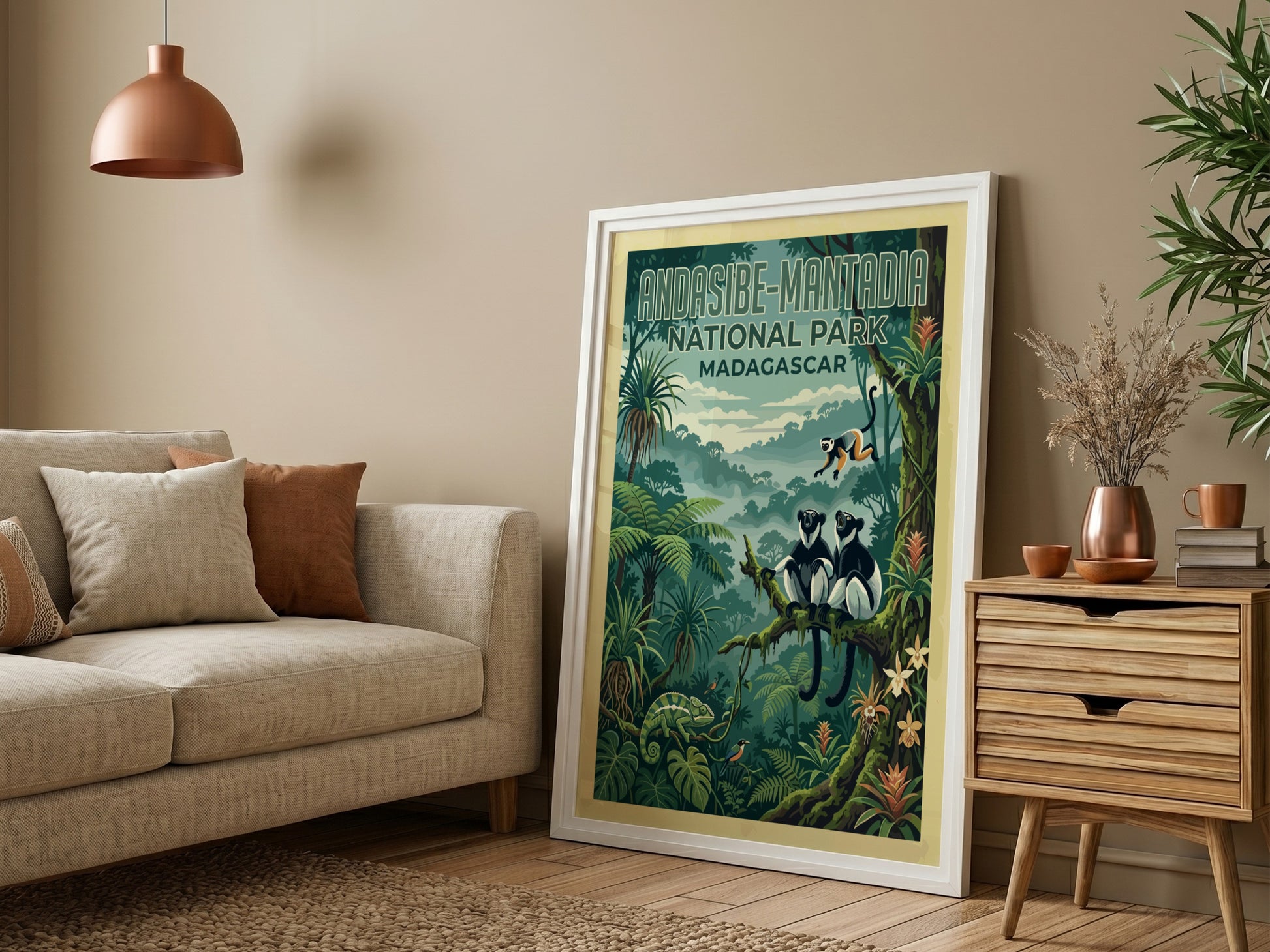 Andasibe-Mantadia poster featuring tropical jungle wildlife in vibrant colors, perfect for nature lovers and