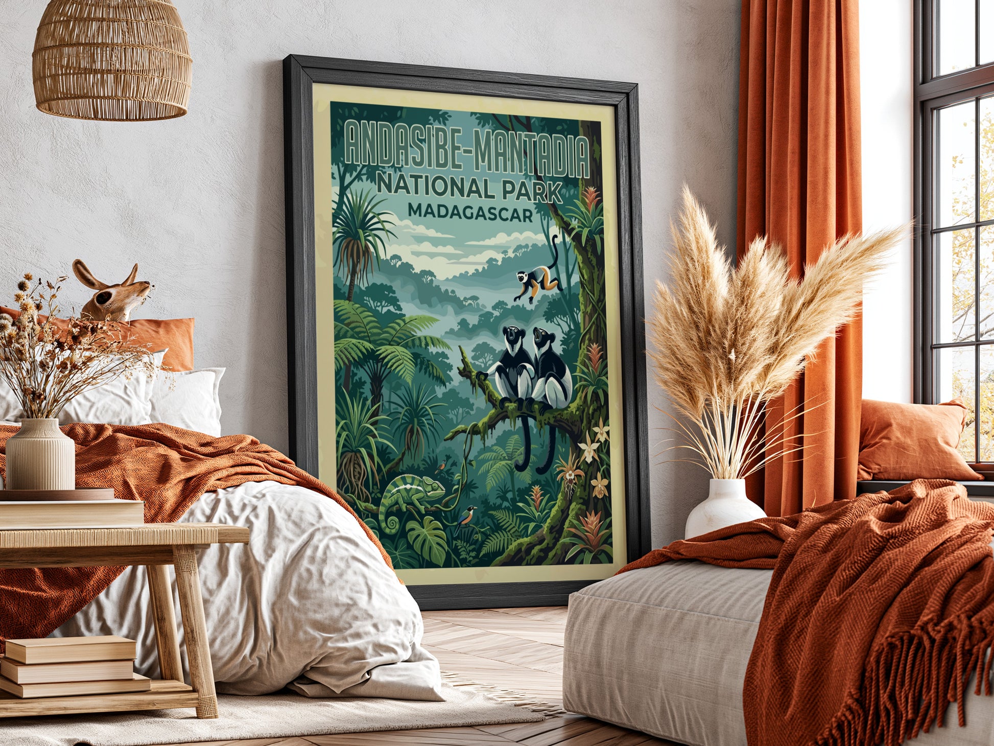 Andasibe-Mantadia poster featuring tropical jungle wildlife in vibrant colors, perfect for nature lovers and