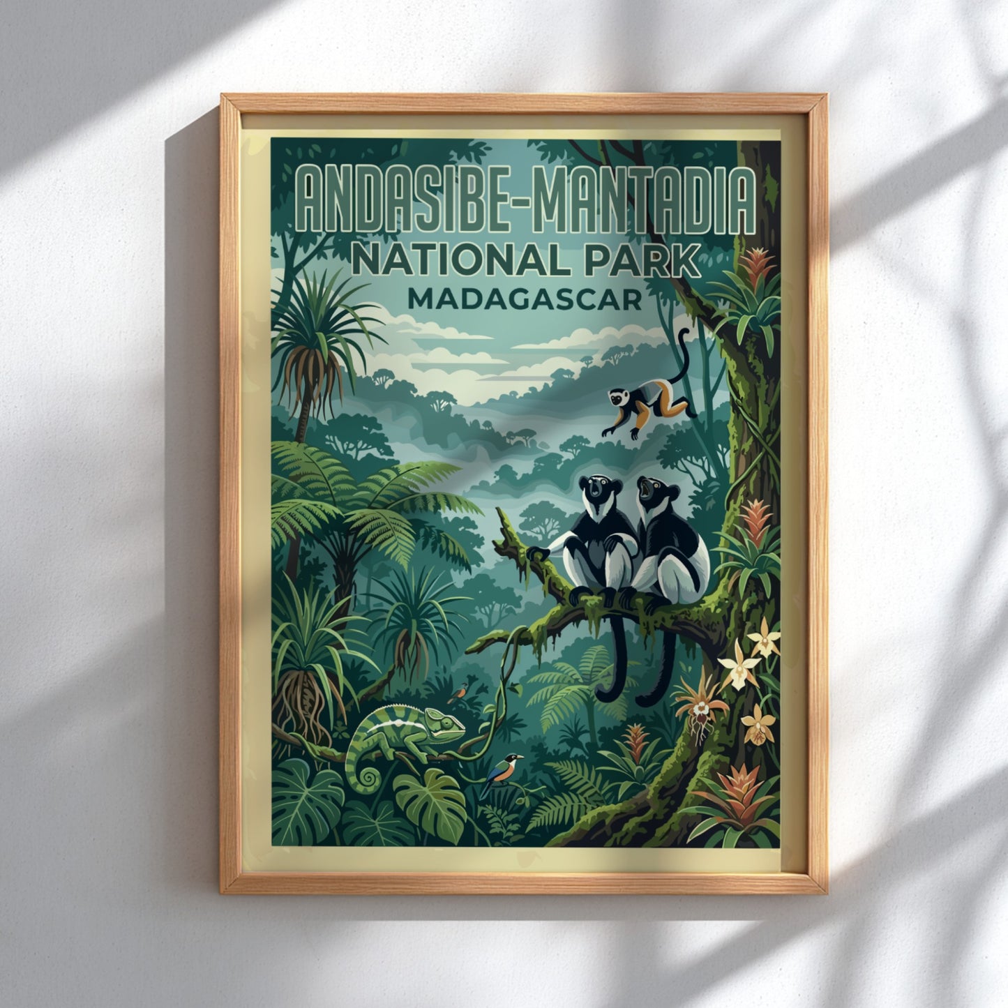 Andasibe-Mantadia poster featuring tropical jungle wildlife in vibrant colors, perfect for nature lovers and