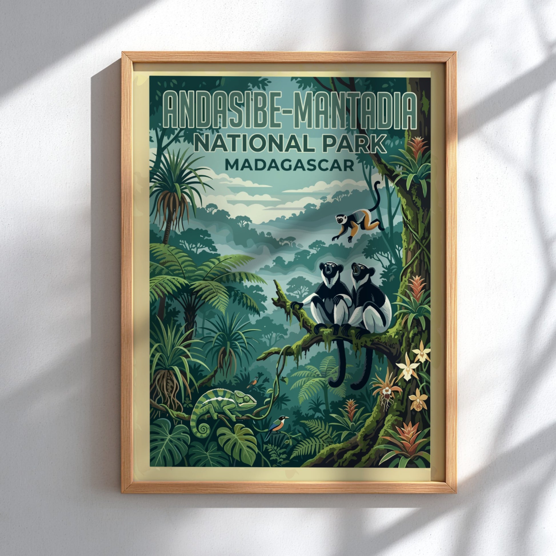 Andasibe-Mantadia poster featuring tropical jungle wildlife in vibrant colors, perfect for nature lovers and