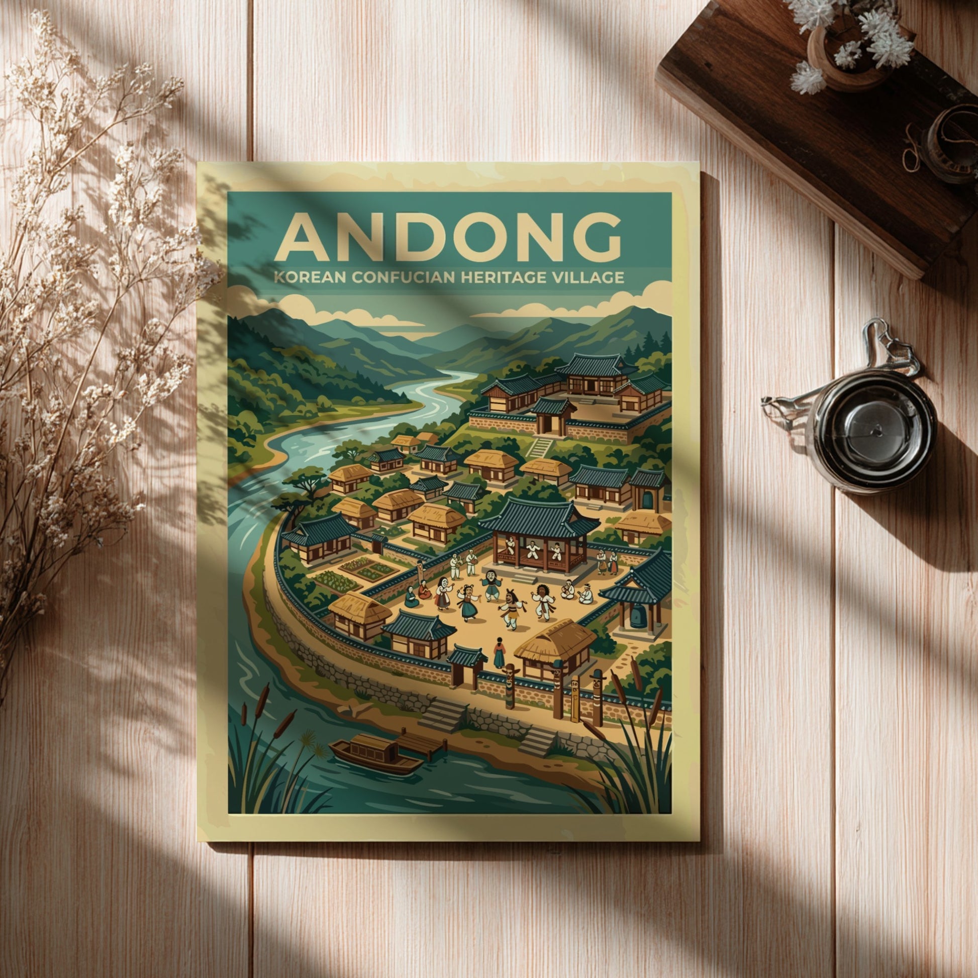 Travel poster of Andong Korean Heritage Village featuring traditional architecture mountains and river.