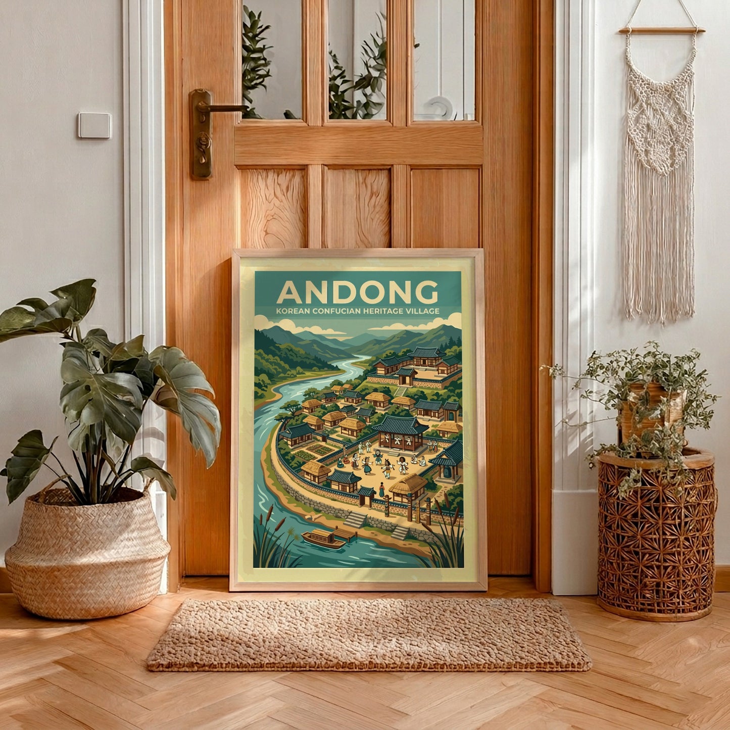 Travel poster of Andong Korean Heritage Village featuring traditional architecture mountains and river.