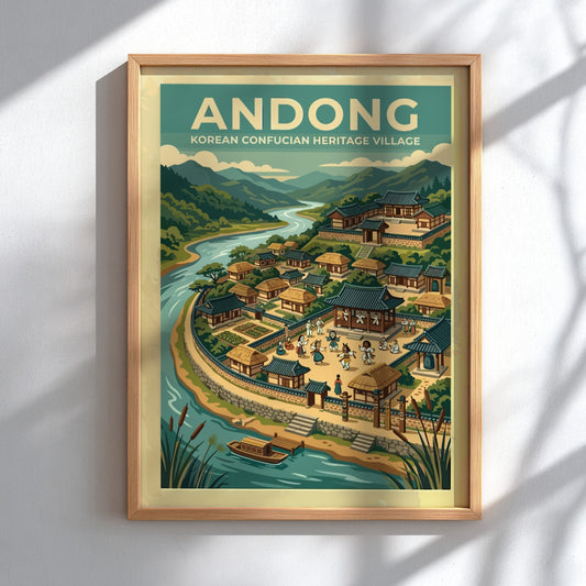 Travel poster of Andong Korean Heritage Village featuring traditional architecture mountains and river.