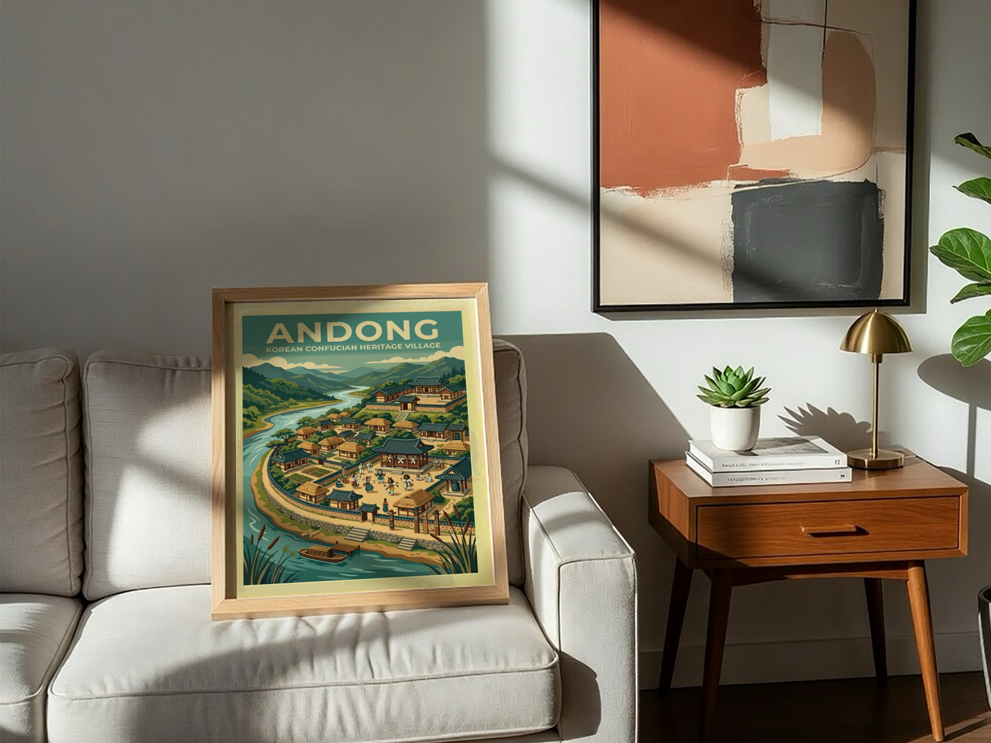 Travel poster of Andong Korean Heritage Village featuring traditional architecture mountains and river.