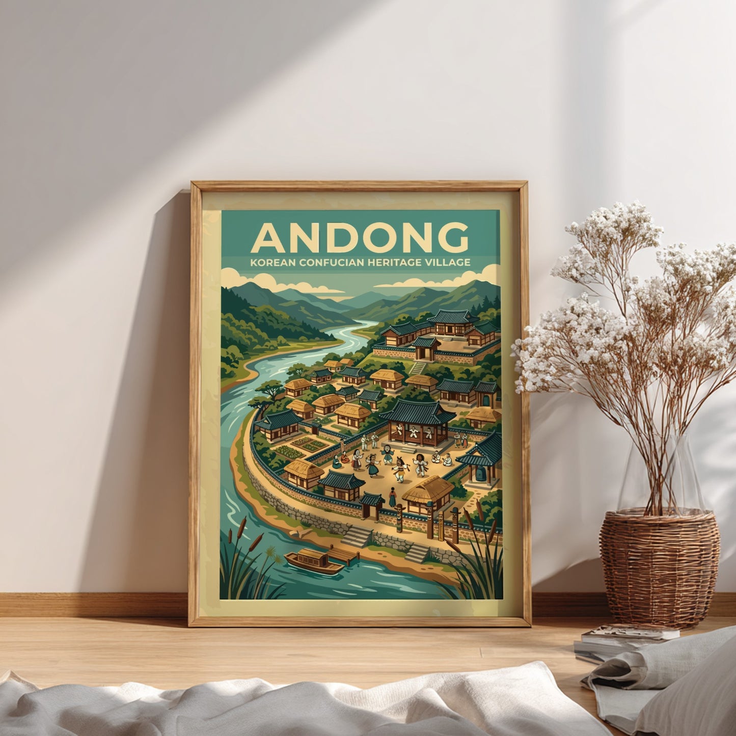 Travel poster of Andong Korean Heritage Village featuring traditional architecture mountains and river.