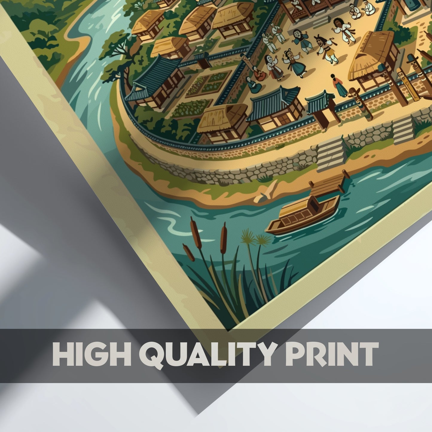 Travel poster of Andong Korean Heritage Village featuring traditional architecture mountains and river.