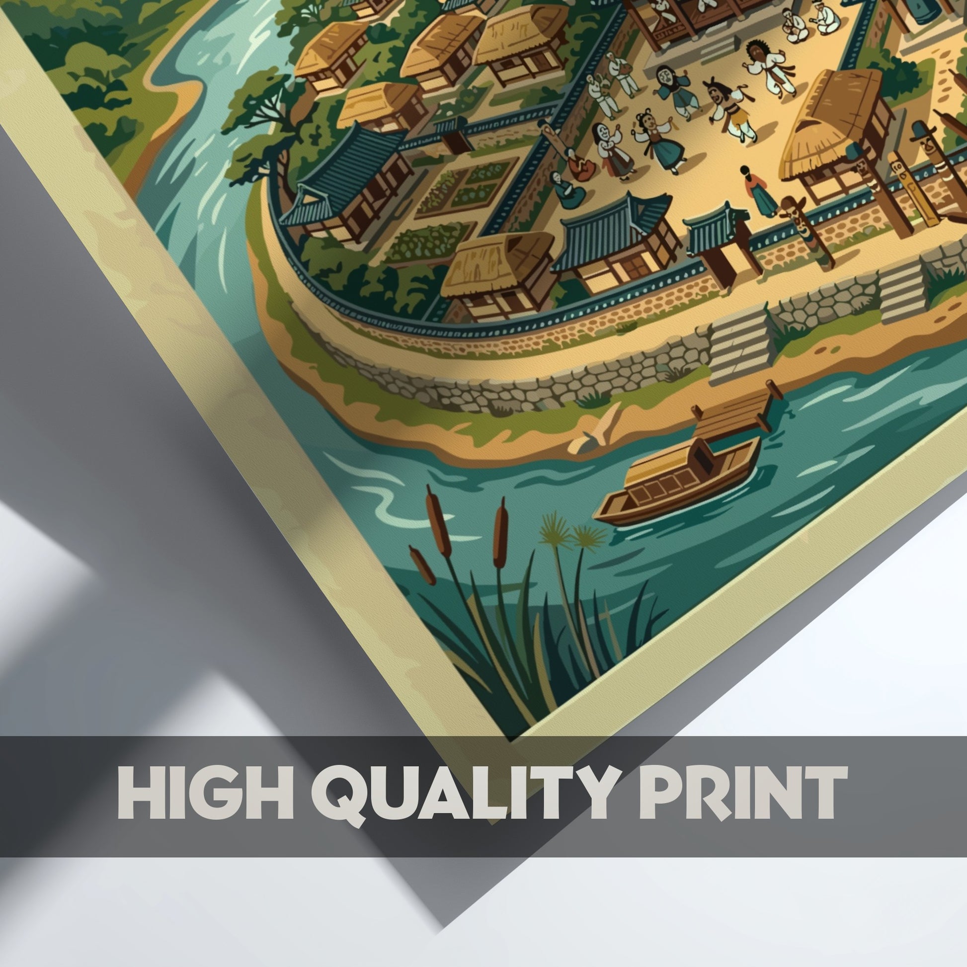 Travel poster of Andong Korean Heritage Village featuring traditional architecture mountains and river.