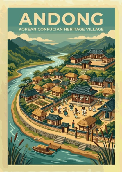 Travel poster of Andong Korean Heritage Village featuring traditional architecture mountains and river.