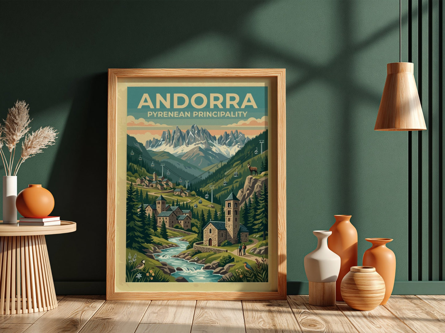 Travel poster of Andorra featuring a stone village and mountain peaks with cable cars.