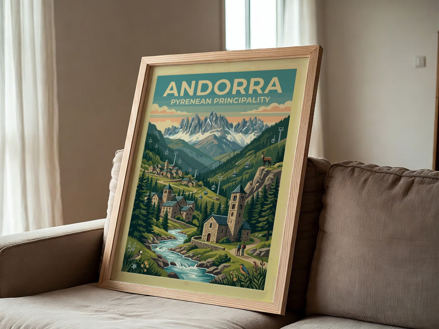 Travel poster of Andorra featuring a stone village and mountain peaks with cable cars.