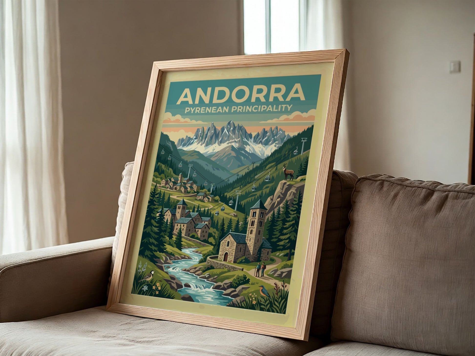 Travel poster of Andorra featuring a stone village and mountain peaks with cable cars.