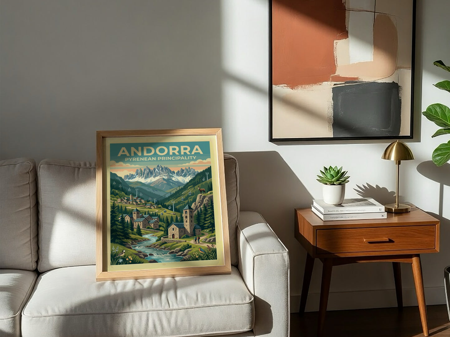 Travel poster of Andorra featuring a stone village and mountain peaks with cable cars.