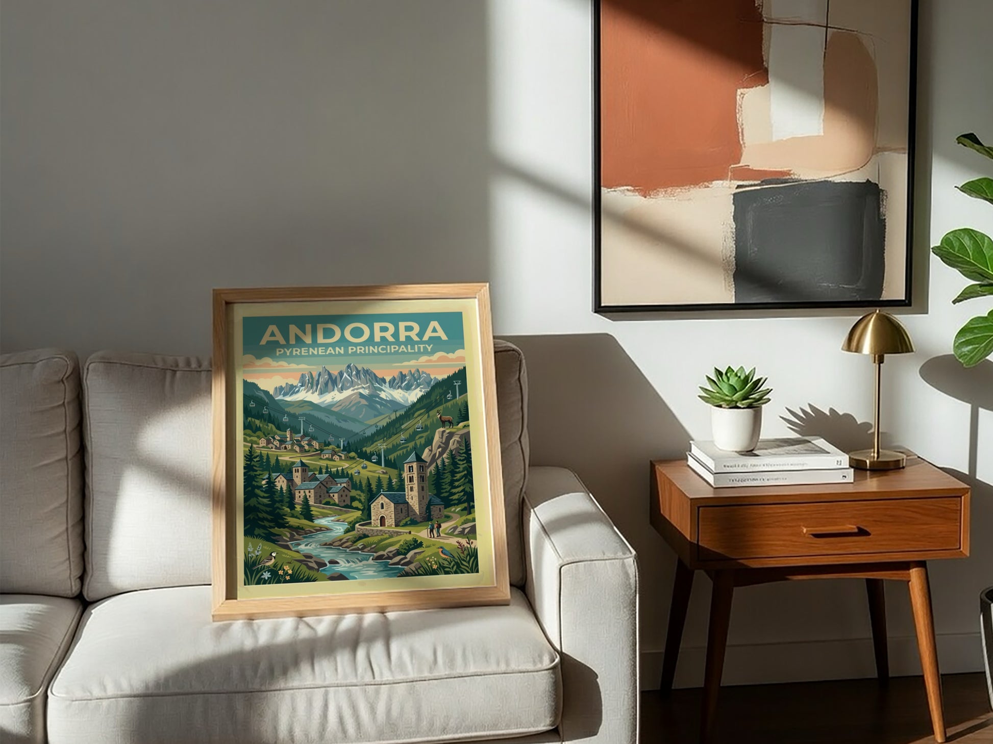 Travel poster of Andorra featuring a stone village and mountain peaks with cable cars.