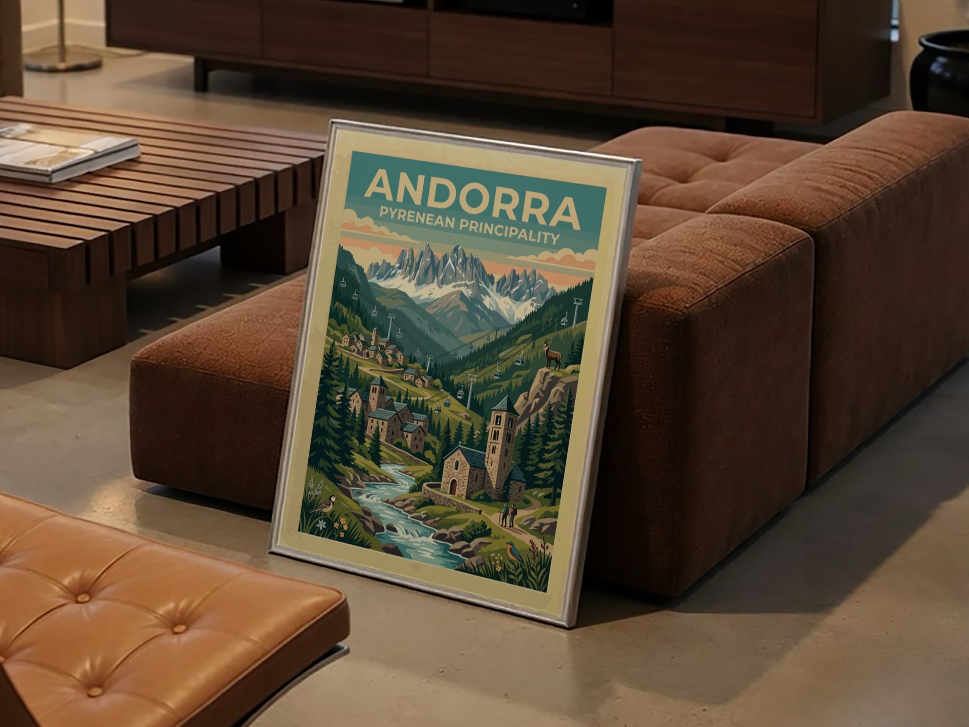 Travel poster of Andorra featuring a stone village and mountain peaks with cable cars.