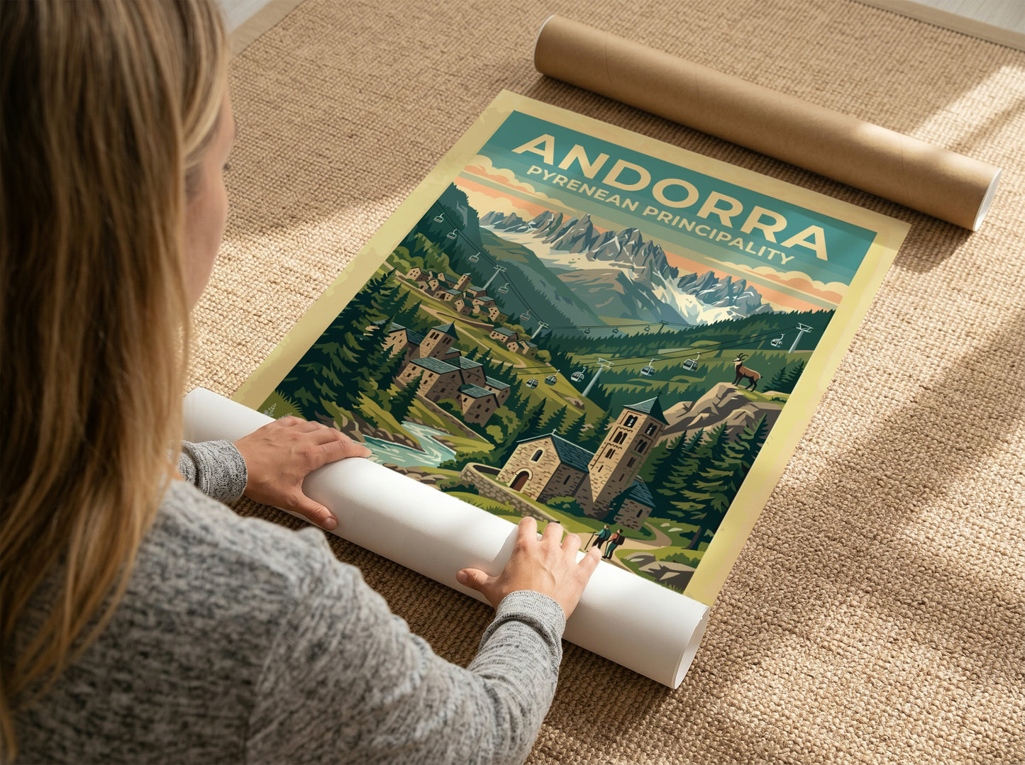 Travel poster of Andorra featuring a stone village and mountain peaks with cable cars.