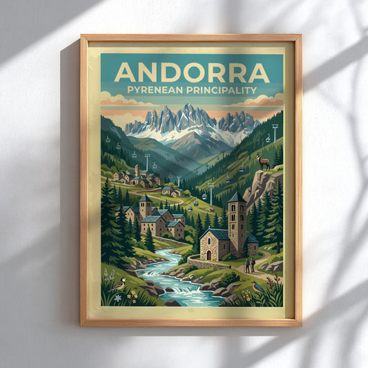 Travel poster of Andorra featuring a stone village and mountain peaks with cable cars.