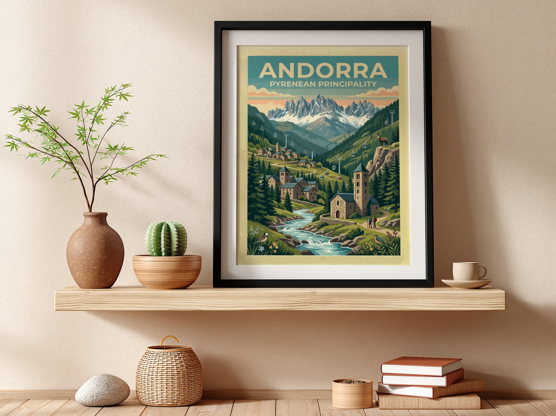 Travel poster of Andorra featuring a stone village and mountain peaks with cable cars.