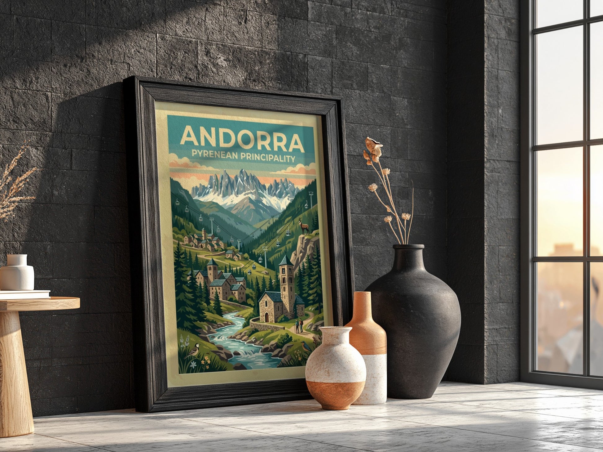 Travel poster of Andorra featuring a stone village and mountain peaks with cable cars.