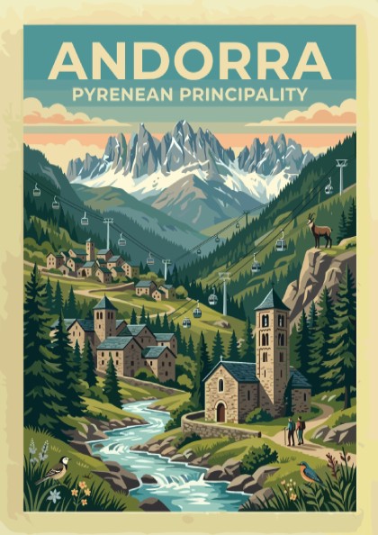 Travel poster of Andorra featuring a stone village and mountain peaks with cable cars.