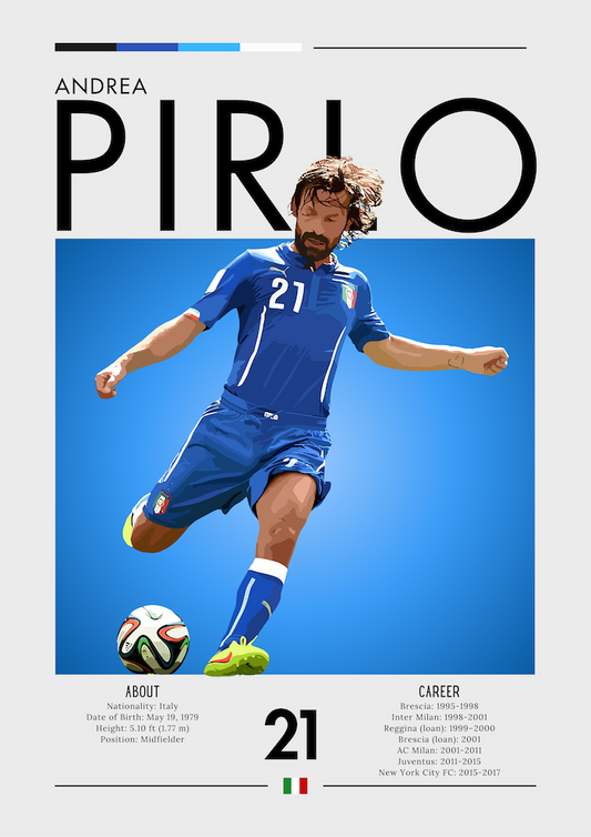 Soccer player in blue uniform with number 21 against a blue sky