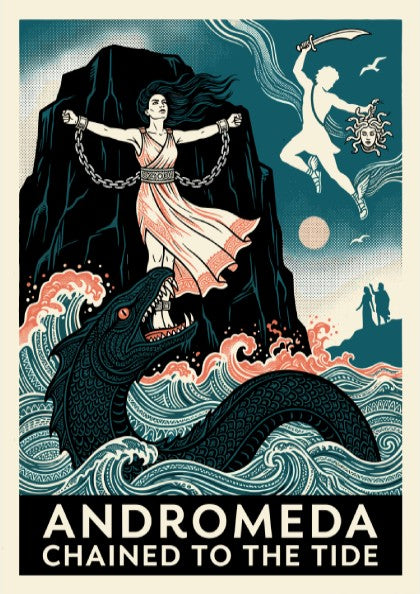Andromeda Greek mythology poster featuring Andromeda chained, a sea monster, and Perseus in a vintage art