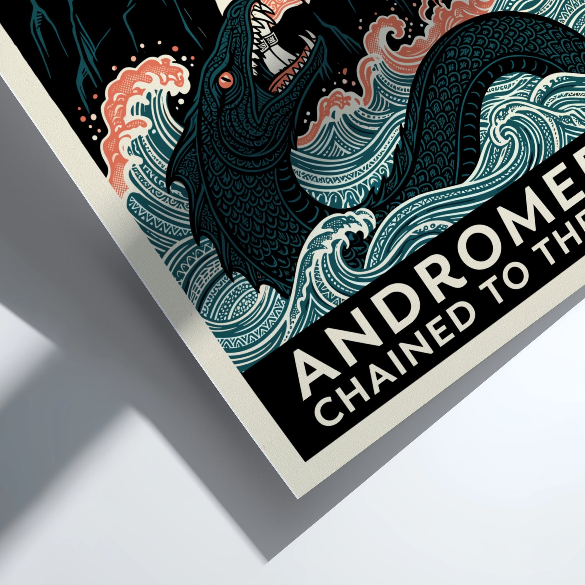 Andromeda Greek mythology poster featuring Andromeda chained, a sea monster, and Perseus in a vintage art