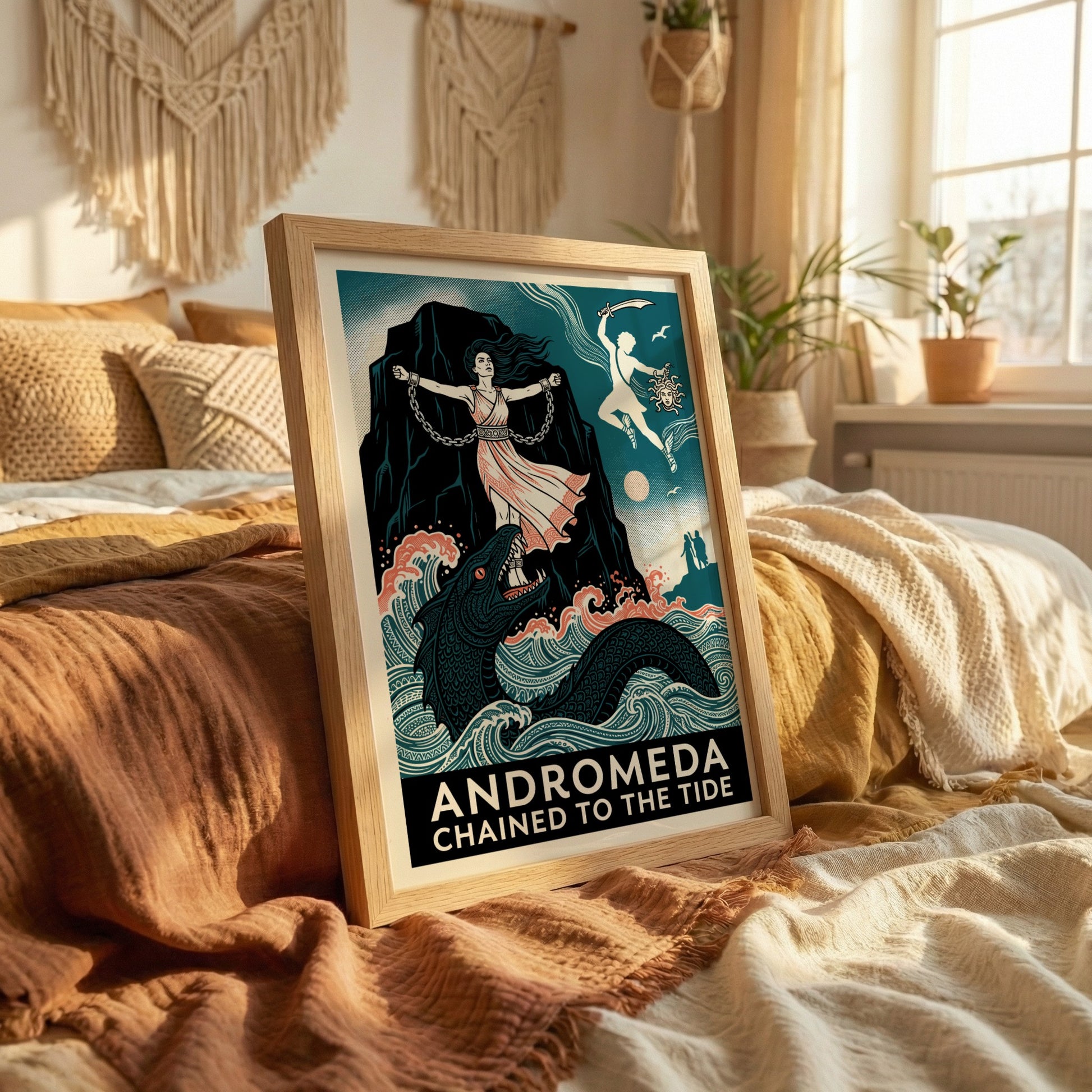 Andromeda Greek mythology poster featuring Andromeda chained, a sea monster, and Perseus in a vintage art