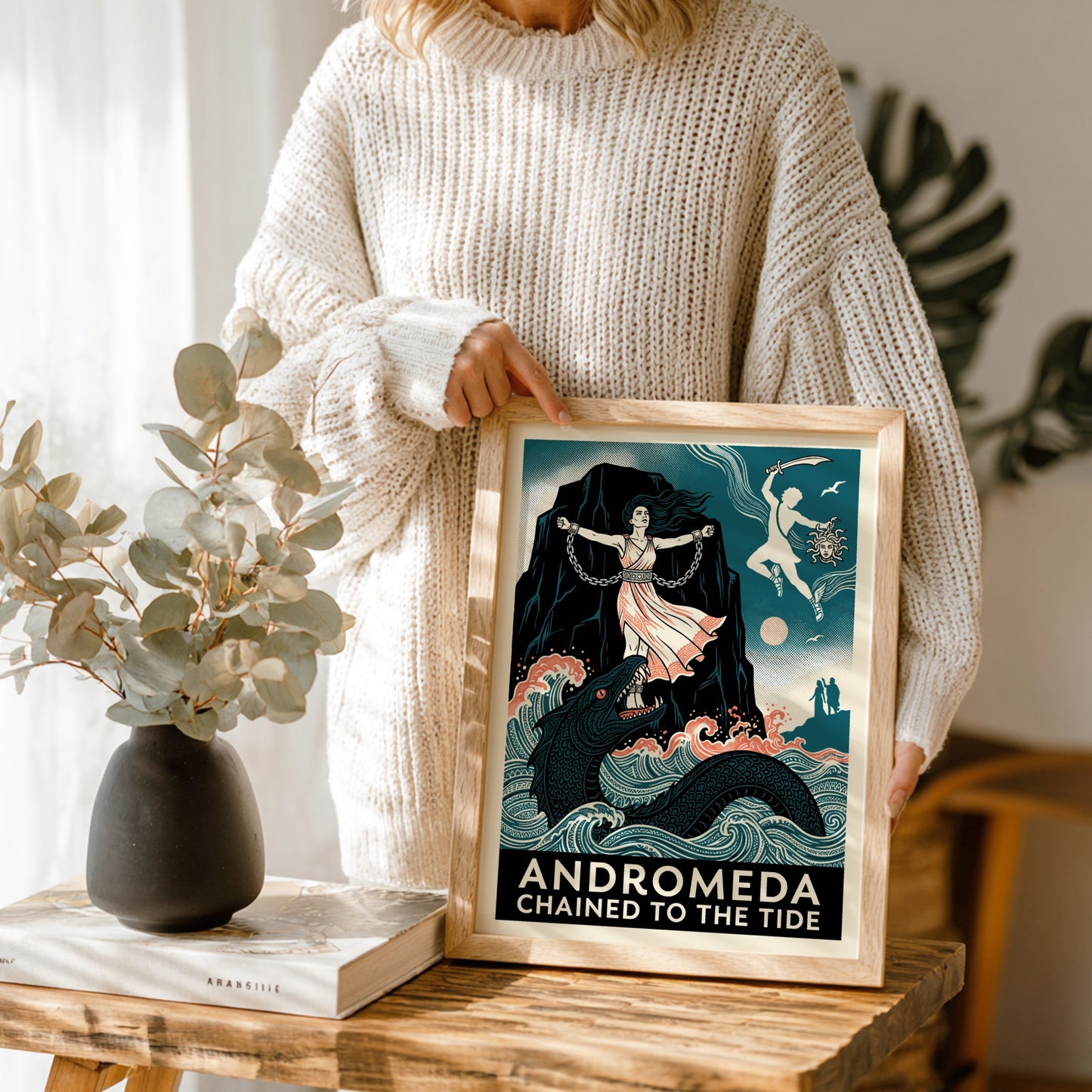 Andromeda Greek mythology poster featuring Andromeda chained, a sea monster, and Perseus in a vintage art