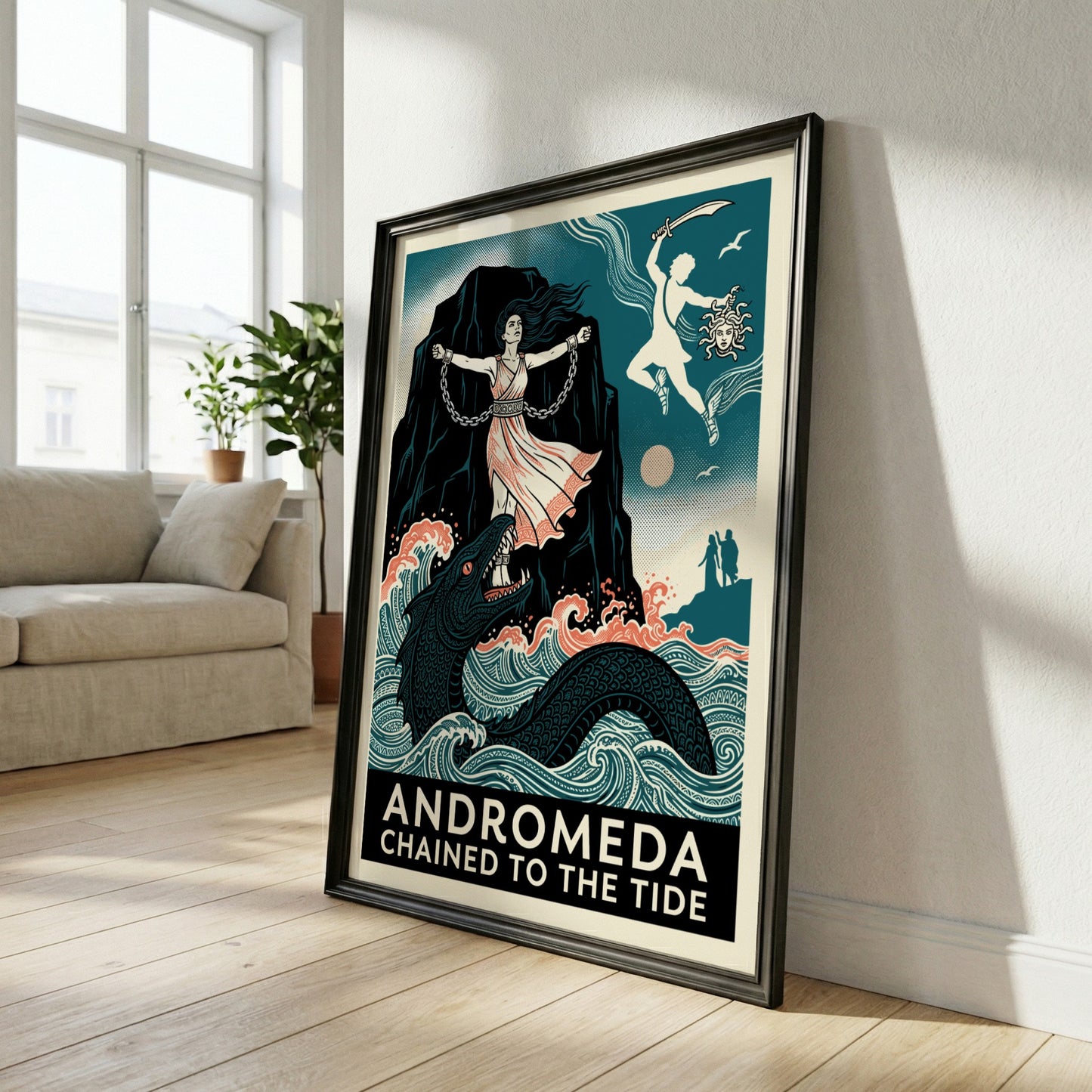 Andromeda Greek mythology poster featuring Andromeda chained, a sea monster, and Perseus in a vintage art