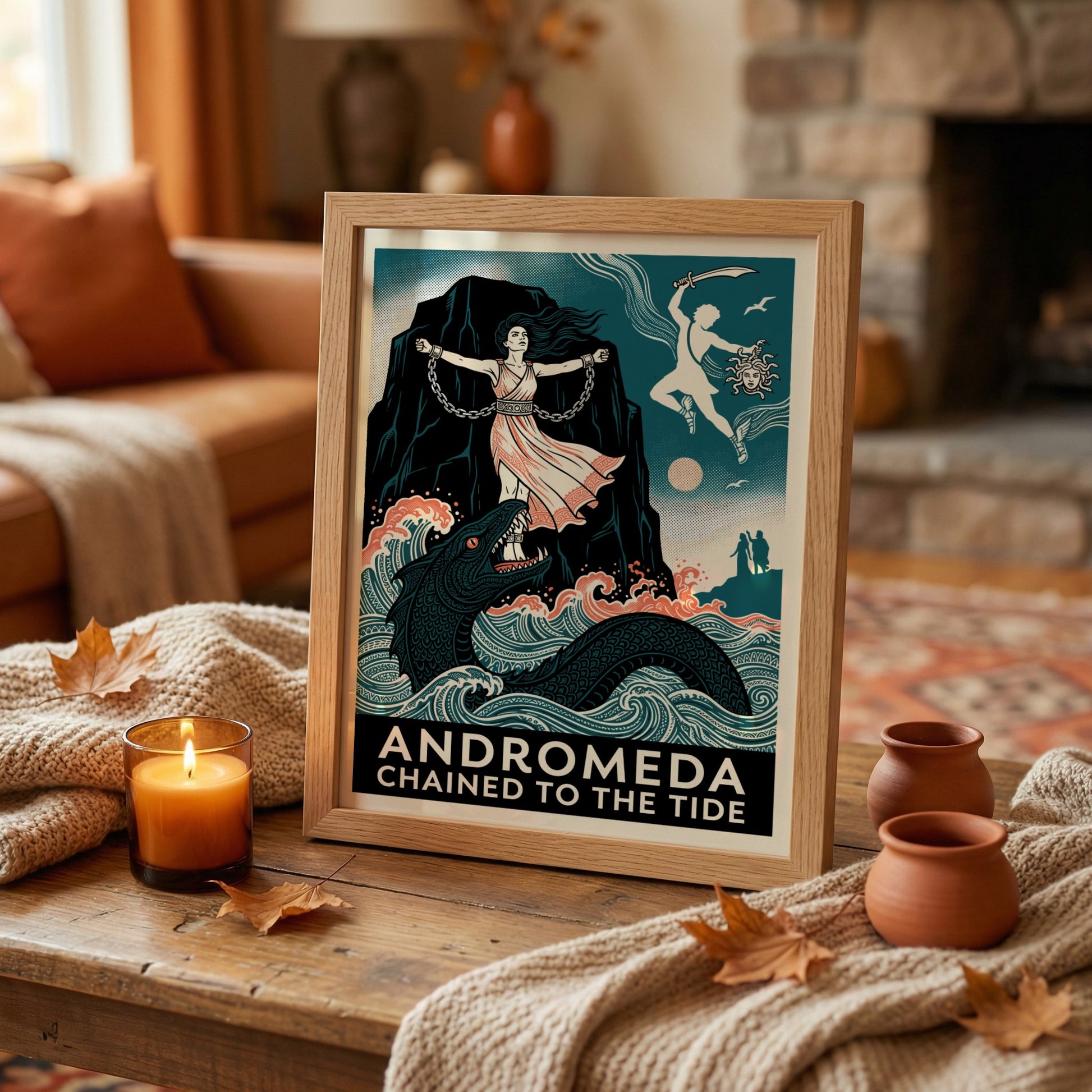 Andromeda Greek mythology poster featuring Andromeda chained, a sea monster, and Perseus in a vintage art