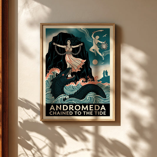 Andromeda Greek mythology poster featuring Andromeda chained, a sea monster, and Perseus in a vintage art