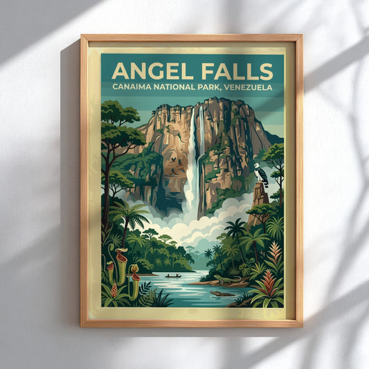 South America travel poster featuring Angel Falls with lush greenery and a waterfall.