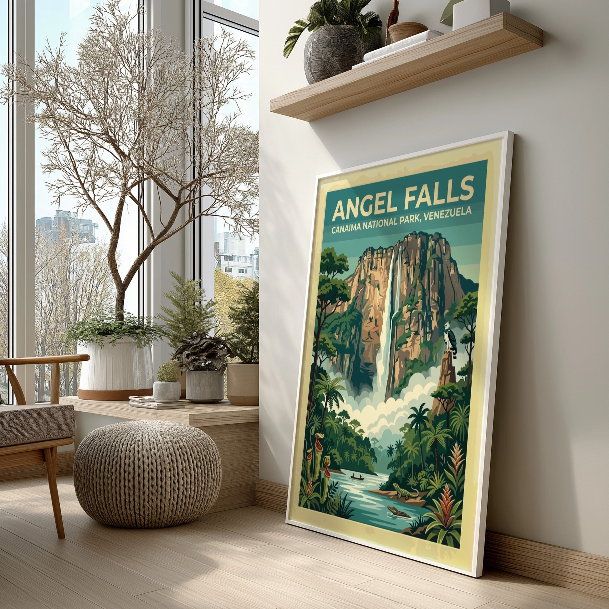 South America travel poster featuring Angel Falls with lush greenery and a waterfall.