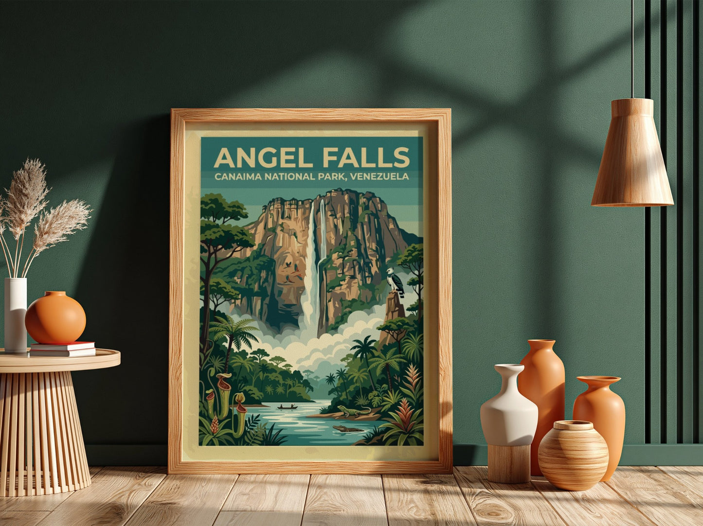 South America travel poster featuring Angel Falls with lush greenery and a waterfall.
