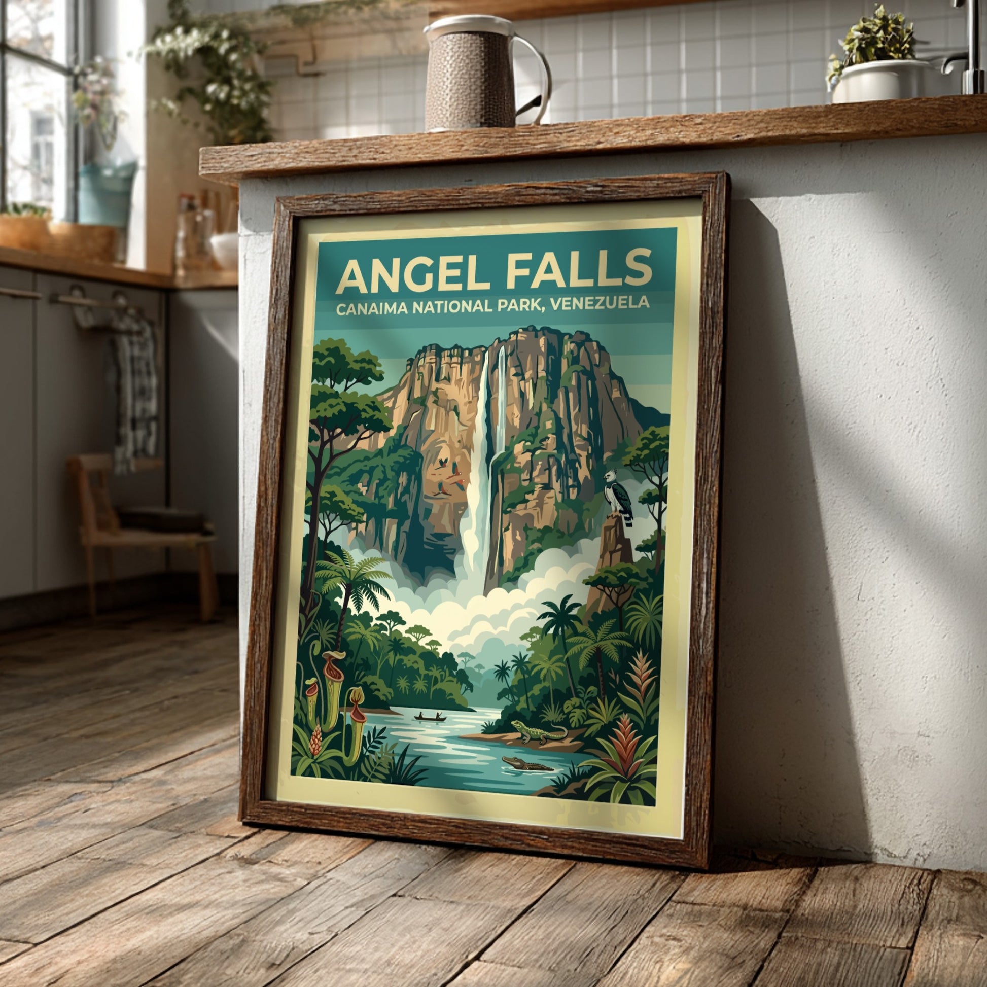 South America travel poster featuring Angel Falls with lush greenery and a waterfall.