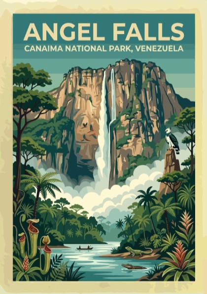 South America travel poster featuring Angel Falls with lush greenery and a waterfall.