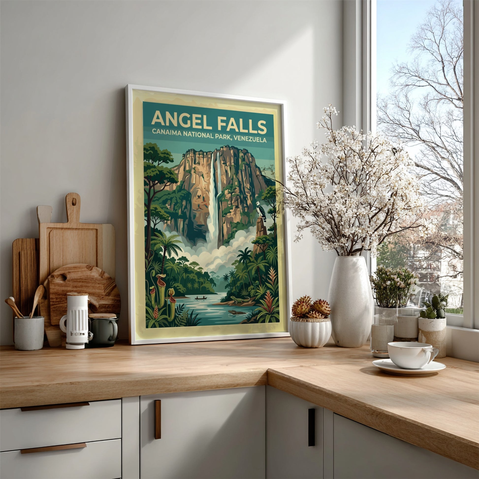 South America travel poster featuring Angel Falls with lush greenery and a waterfall.