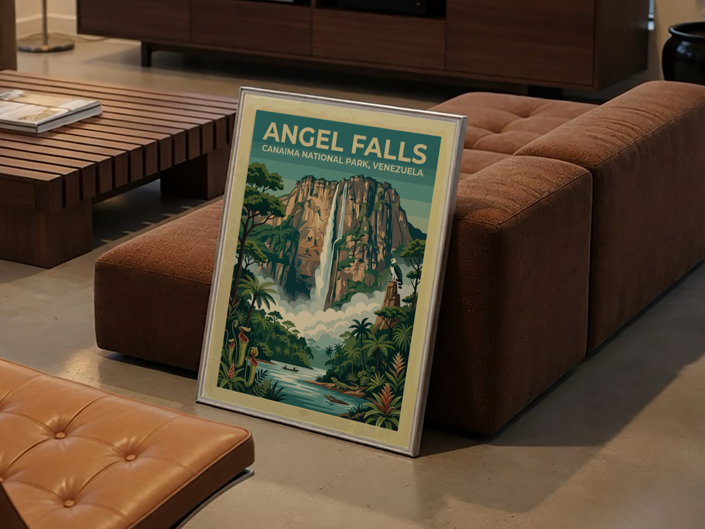 South America travel poster featuring Angel Falls with lush greenery and a waterfall.