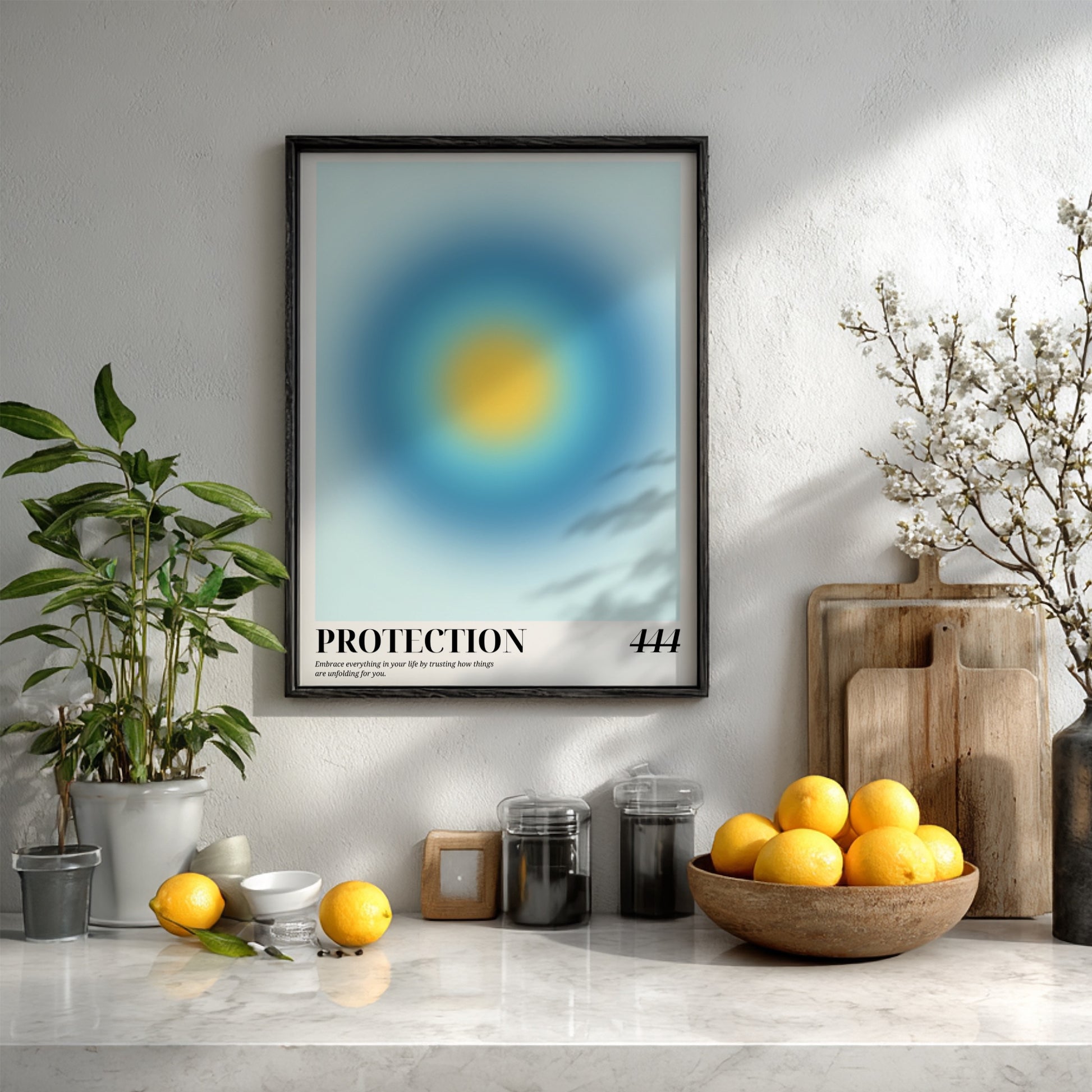 The Divine Guardian Modern Art - Angel Number 444 Blue Aura Print