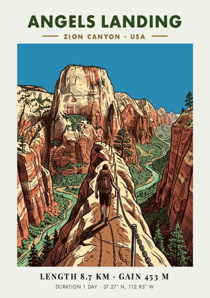 Poster of Angels Landing in Zion Canyon featuring hikers on a cliff trail