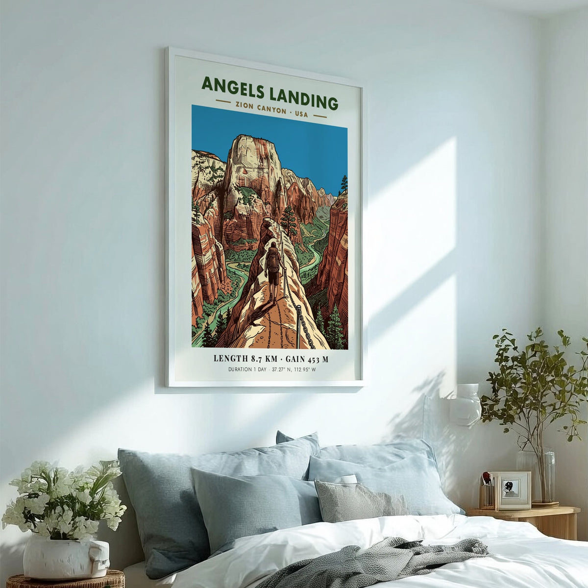 Poster of Angels Landing in Zion Canyon featuring hikers on a cliff trail