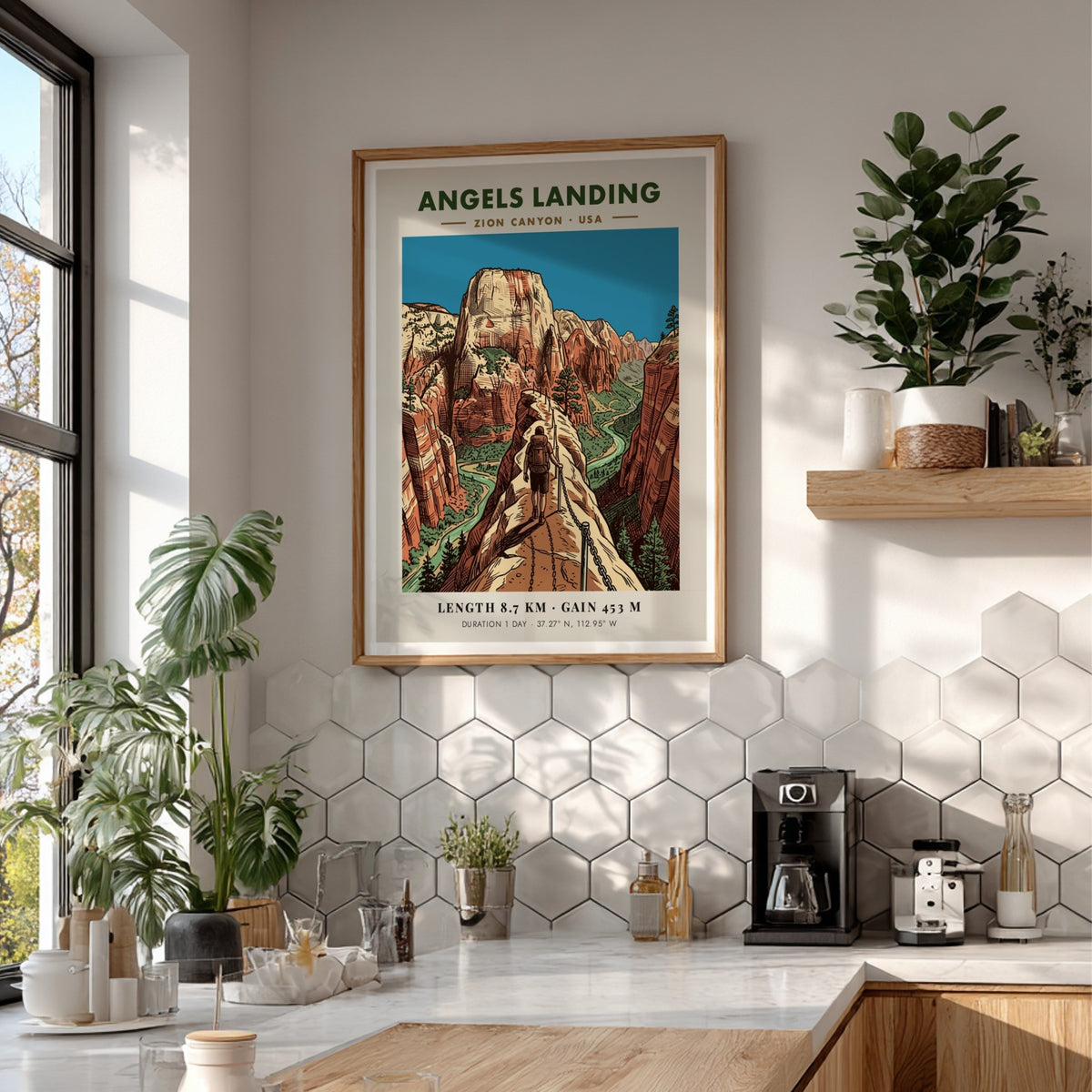 Poster of Angels Landing in Zion Canyon featuring hikers on a cliff trail