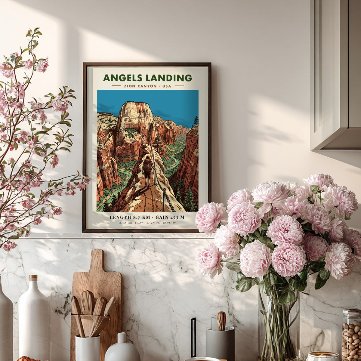 Poster of Angels Landing in Zion Canyon featuring hikers on a cliff trail