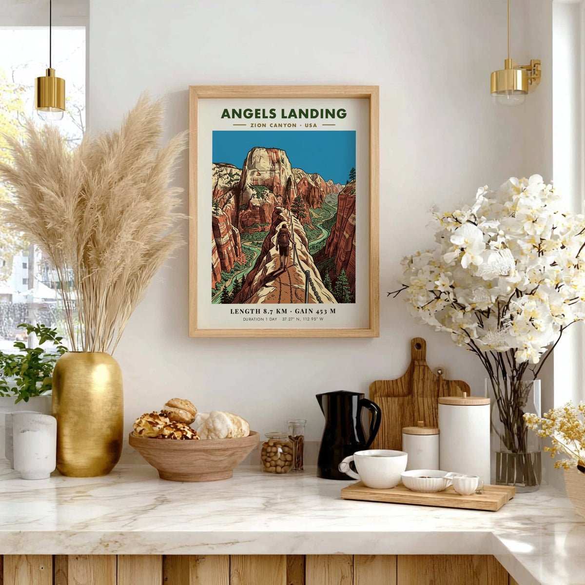 Poster of Angels Landing in Zion Canyon featuring hikers on a cliff trail