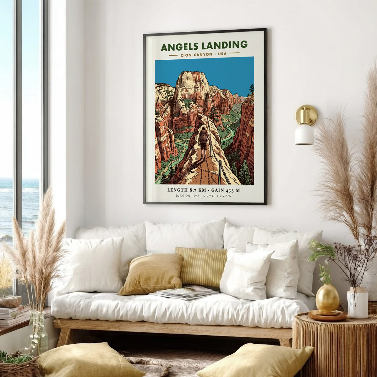 Poster of Angels Landing in Zion Canyon featuring hikers on a cliff trail