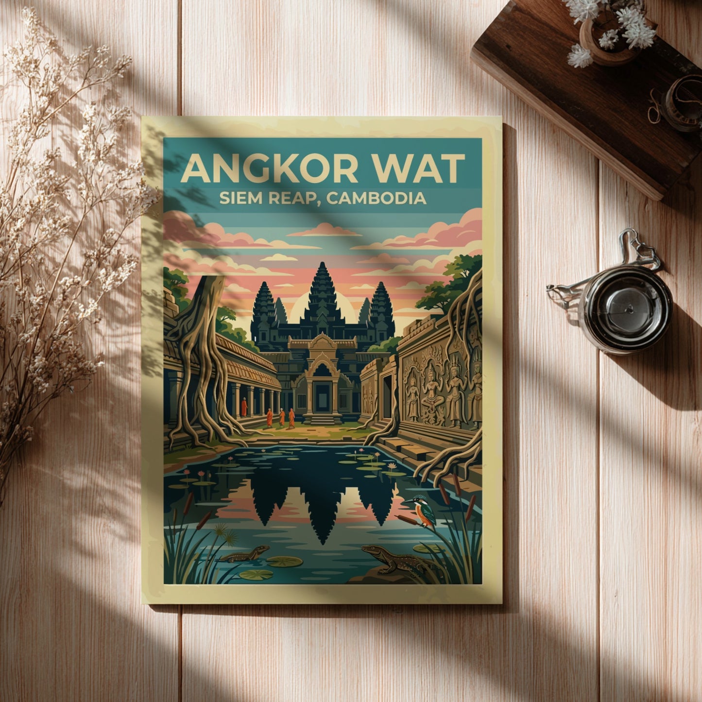 Travel poster of Angkor Wat in Siem Reap with temple reflections and wildlife.